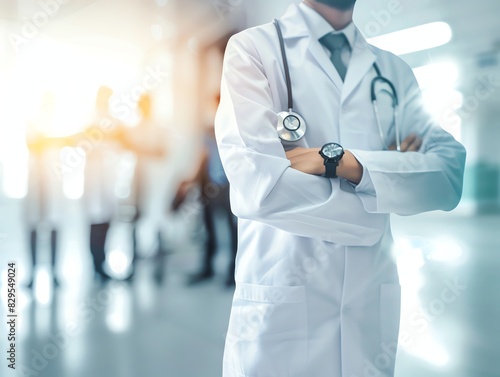 Doctor in uniform holding stethoscope and crossed arms. Hospital or clinic background and copy space