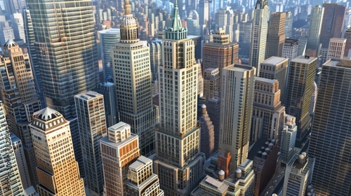 3D Financial District  Capture a bustling financial district in 3D  with iconic skyscrapers  corporate offices  and stock exchange buildings. Include both historical architecture.