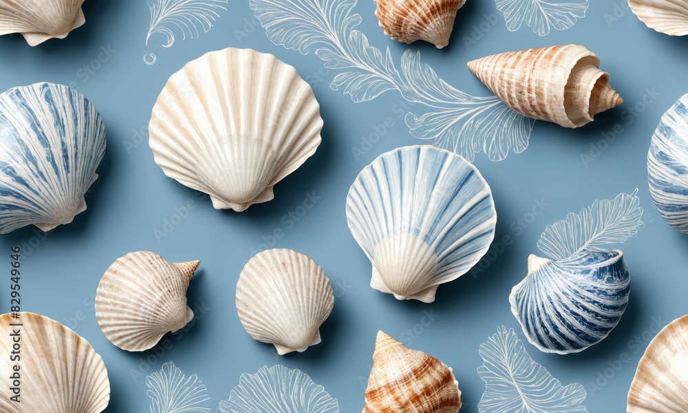 Sea shells arranged on a blue background with white floral patterns.