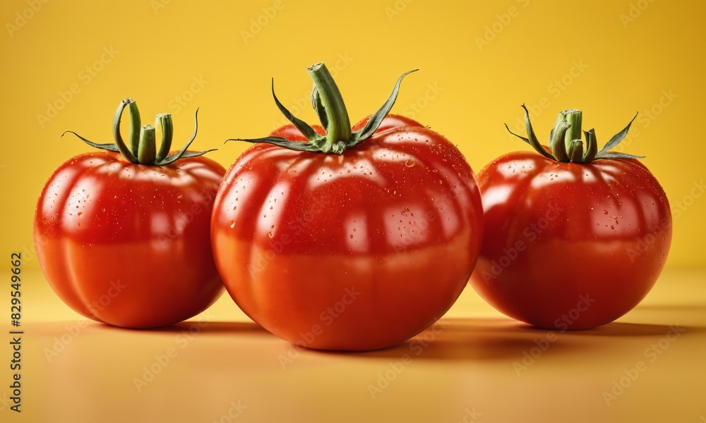 Three red tomatoes with dew drops on a yellow background. Three red tomatoes with dew drops on a yellow background.