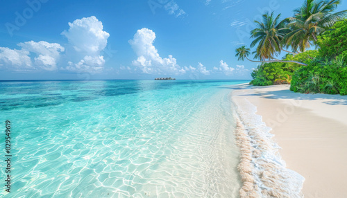 Imagine a tropical beach with palm trees and clear turquoise water on the coast