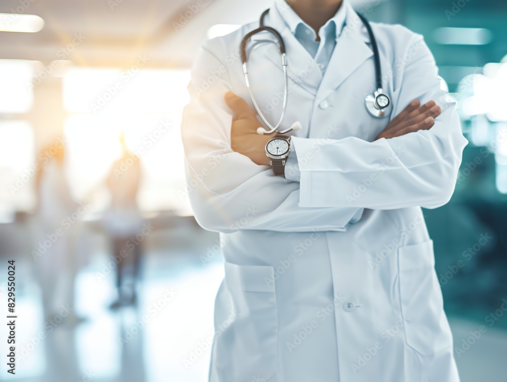 Doctor in uniform holding stethoscope and crossed arms. Hospital or clinic background and copy space Doctor in uniform holding stethoscope and crossed arms. Hospital or clinic background and copy space