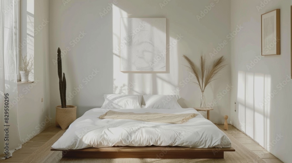 A cozy minimalist bedroom featuring a low platform bed, crisp white linens, and a single piece of abstract art on the wall. A cozy minimalist bedroom featuring a low platform bed, crisp white linens, and a single piece of abstract art on the wall.