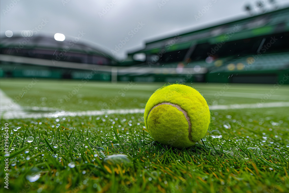 A tennis ball on a grass tennis court during a heavy rain storm