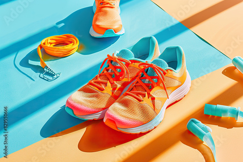 A pair of running shoes placed neatly on a blue mat. Mockup template for design print