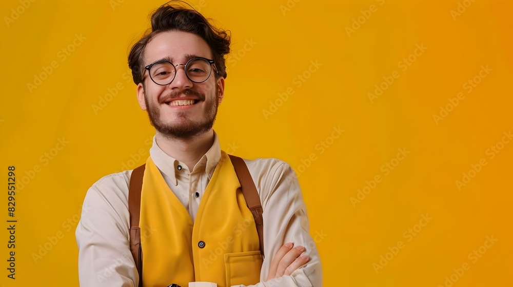 Fototapeta premium Young Mentor Exudes Joy while Working on Color Background A Portrait of Professional Dedication and Enthusiasm