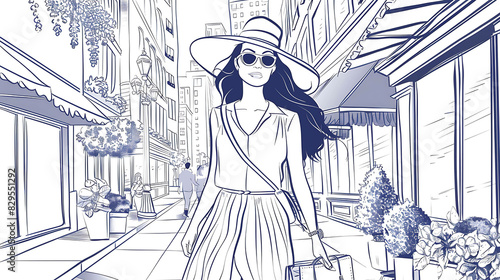 Young beautiful woman in a hat and sunglasses walking down the street. photo