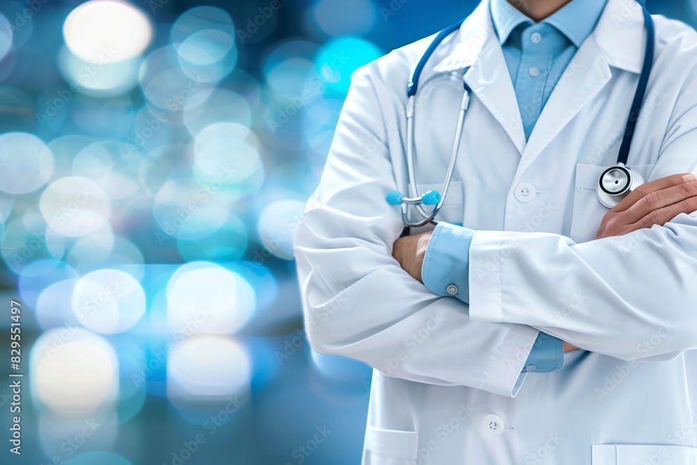 Doctor in uniform holding stethoscope and crossed arms. Hospital or clinic background and copy space Doctor in uniform holding stethoscope and crossed arms. Hospital or clinic background and copy space