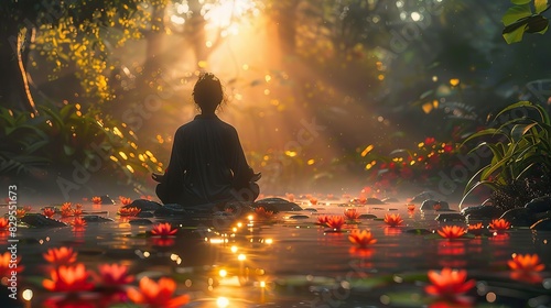 A peaceful figure meditating in a garden of light. © Sang