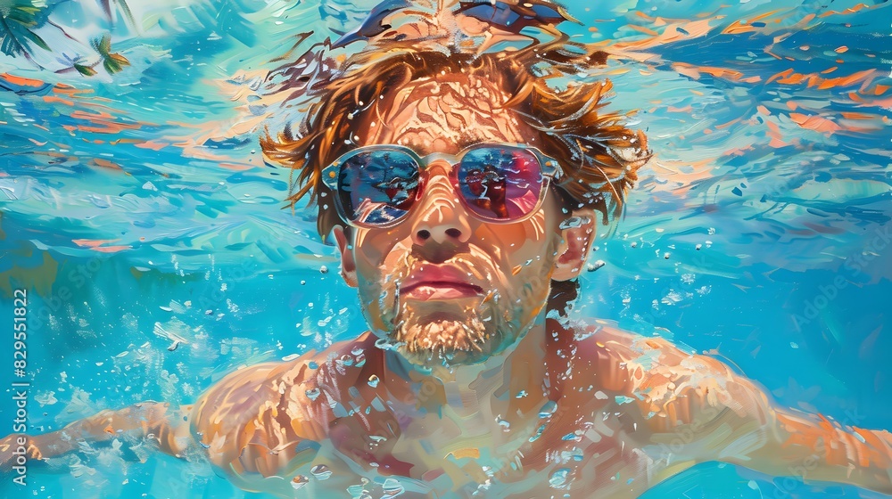 Fototapeta premium swimming in the pool, man with long wavy red hair wearing a pink and blue pastel neon suit floating underwater, which in Generate AI