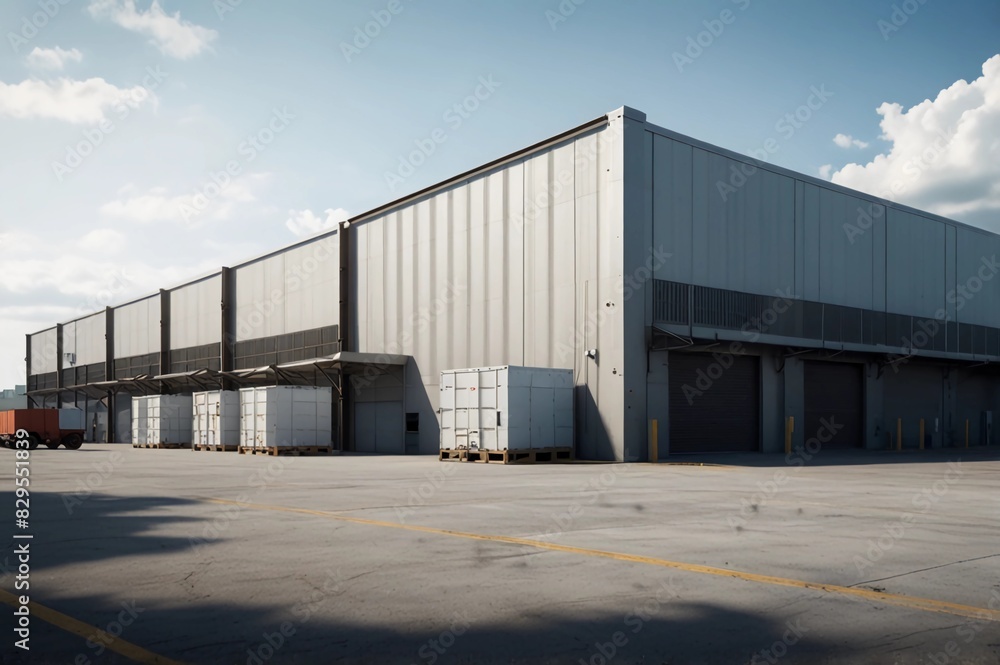 Obraz premium Industrial Warehouse: Modern Facility with Loading Docks, Trucks, and Storage for Logistics and Manufacturing