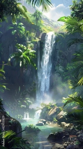 A cascading waterfall framed by lush greenery  its crystal-clear waters shimmering in the sunlight.