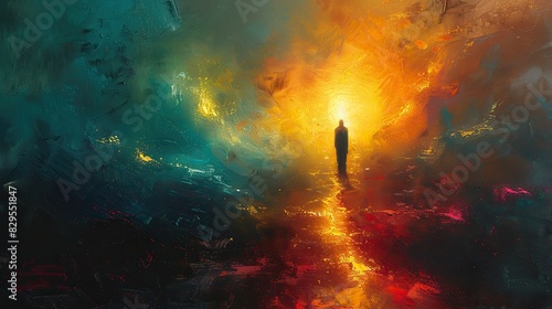 A conceptual painting of a radiant light shining from within a figure.