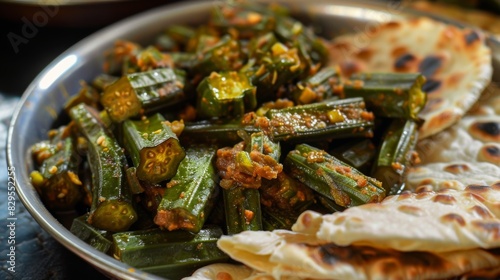 A detailed view of a delicious plate of bhindi masala (spicy okra) with fresh chapatis on the side photo