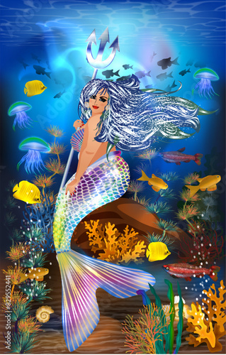 Plus size Mermaid with Trident and tropical fish, Underwater wallpaper,  vector illustration