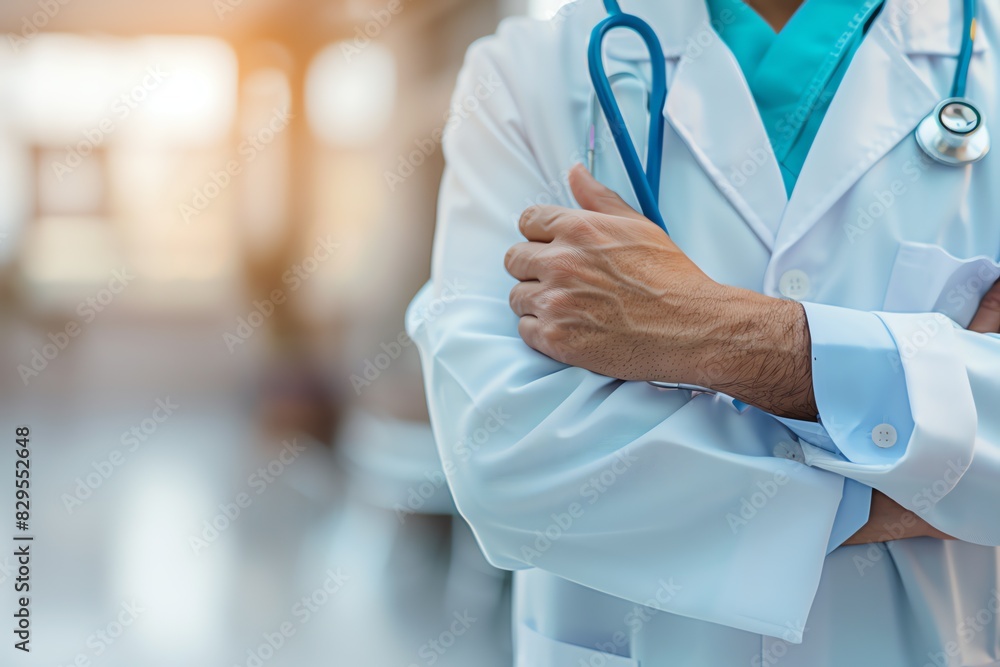 Doctor in uniform holding stethoscope and crossed arms. Hospital or clinic background and copy space Doctor in uniform holding stethoscope and crossed arms. Hospital or clinic background and copy space