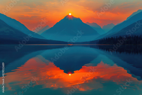 Sun sets behind mountain  mirrored perfectly on lake s glassy surface