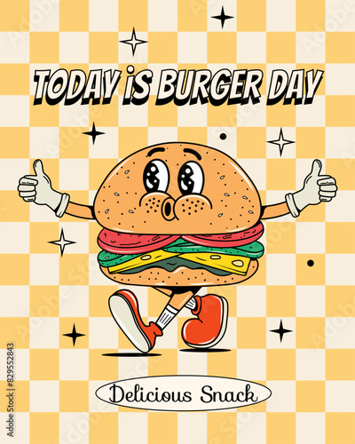 Burger poster in groovy style. Food and drinks. Fast food. Y2k elements and shapes. Vector. Isolated. Comic and character. Legs and hands.  Trendy illustration. Walking. Retro sticker. Junk food.