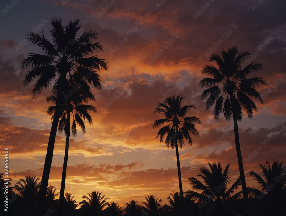 Exotic island landscape with silhouetted palms and a twilight sky.