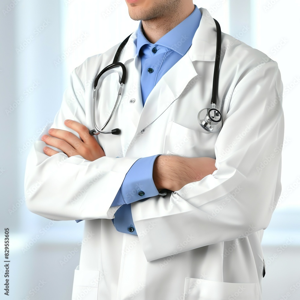 Doctor in uniform holding stethoscope and crossed arms. Hospital or clinic background and copy space Doctor in uniform holding stethoscope and crossed arms. Hospital or clinic background and copy space