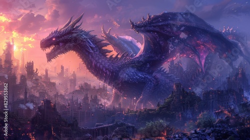 A purple dragon is flying over a city. The dragon is breathing fire on the city. The city is in ruins. photo