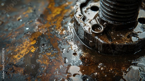 Close-up of a mechanical piston covered in oil and grease, scuffs on the metal surface, oil-stained floor below, raw and industrial photo