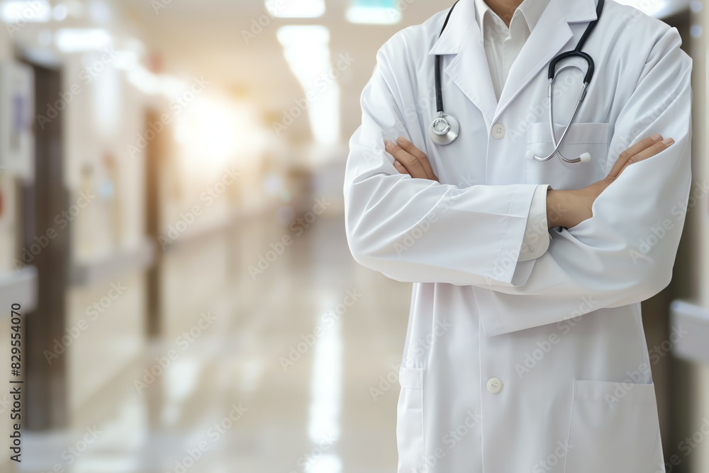 Doctor in uniform holding stethoscope and crossed arms. Hospital or clinic background and copy space Doctor in uniform holding stethoscope and crossed arms. Hospital or clinic background and copy space