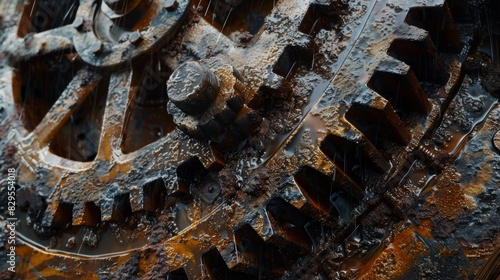 Close-up of a rusty gear mechanism, covered in oil and grease, scuffed and worn, with an oil-stained factory floor below, raw detail