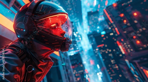 A young man wearing a futuristic helmet is looking at the city. The city is full of skyscrapers and neon lights.