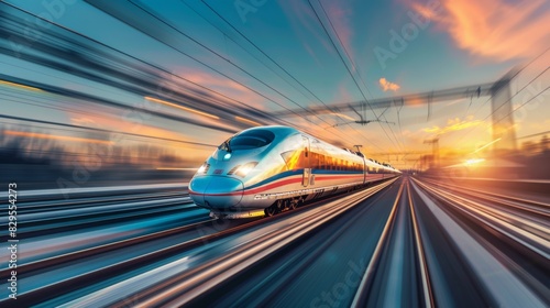 A dynamic shot of a high-speed train accelerating on a straight stretch of track, showcasing its power and speed capabilities.