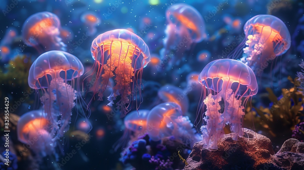 Glowing jellyfish in the dark ocean depths. Glowing jellyfish in the dark ocean depths.