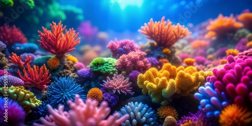 Fototapeta Naklejka Na Ścianę i Meble -  Coral Reef Blur: A bright, multicolored blurred background mimicking the vibrant hues of a coral reef underwater.
