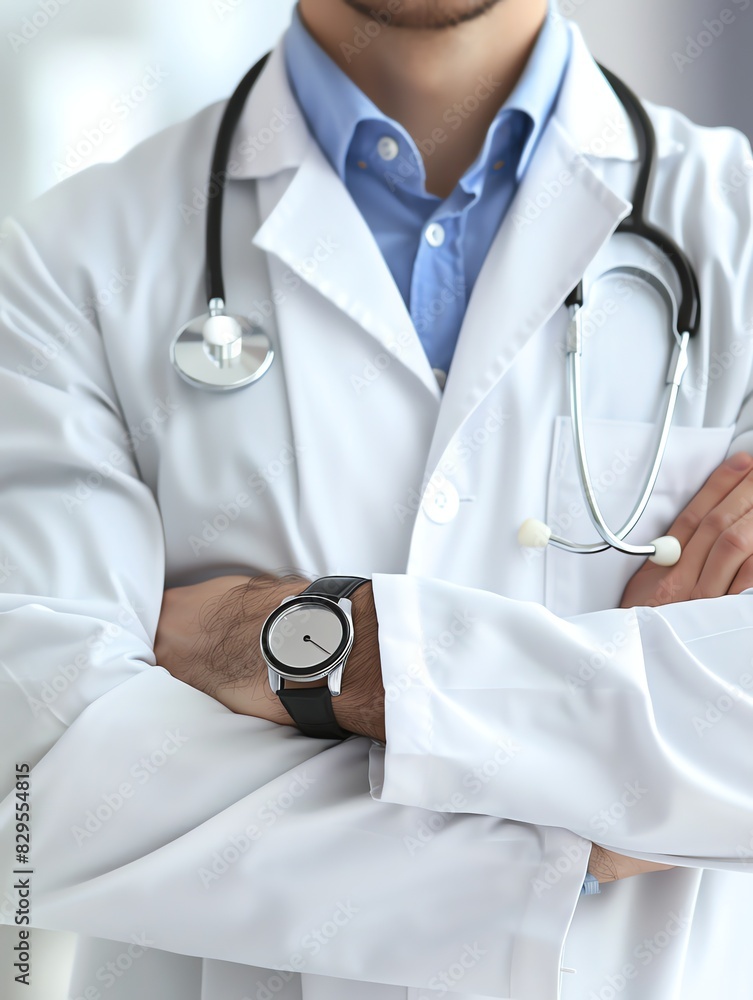 Doctor in uniform holding stethoscope and crossed arms. Hospital or clinic background and copy space Doctor in uniform holding stethoscope and crossed arms. Hospital or clinic background and copy space