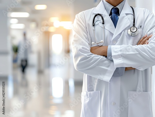 Doctor in uniform holding stethoscope and crossed arms. Hospital or clinic background and copy space