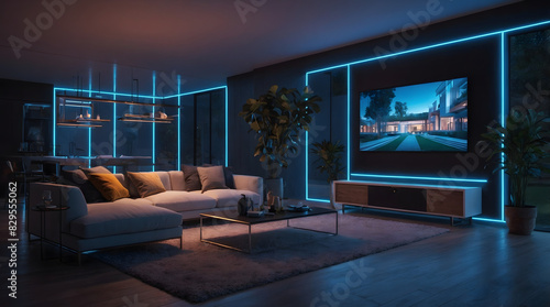 Smart TV in modern living room interior design with connected neon lights  3D render style. Generative ai.