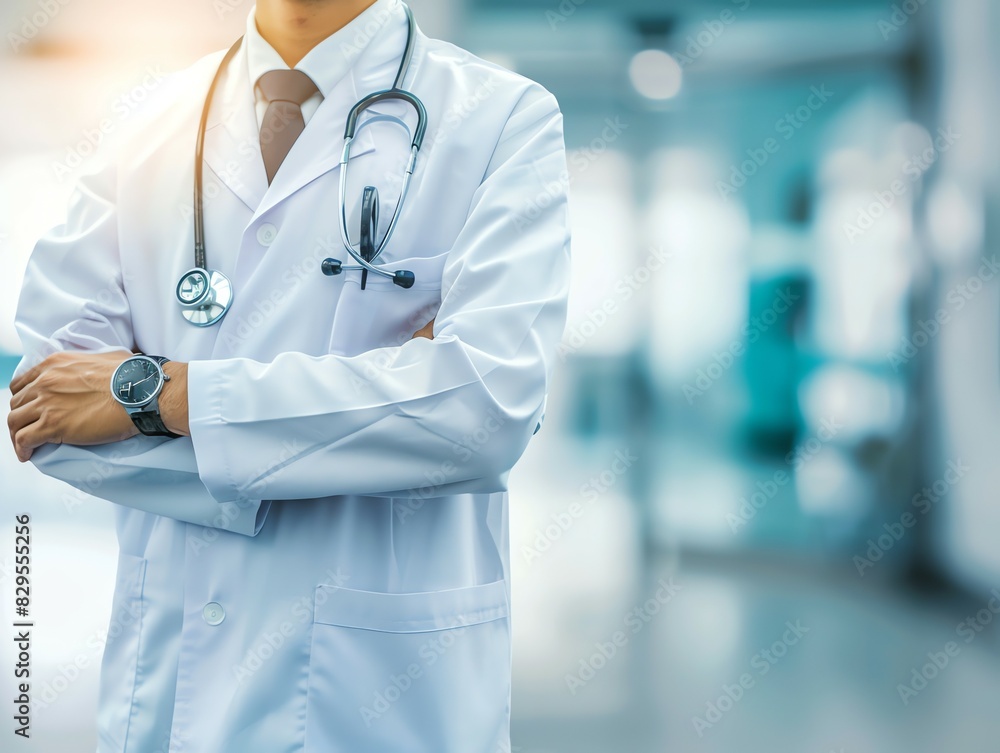 Doctor in uniform holding stethoscope and crossed arms. Hospital or clinic background and copy space Doctor in uniform holding stethoscope and crossed arms. Hospital or clinic background and copy space