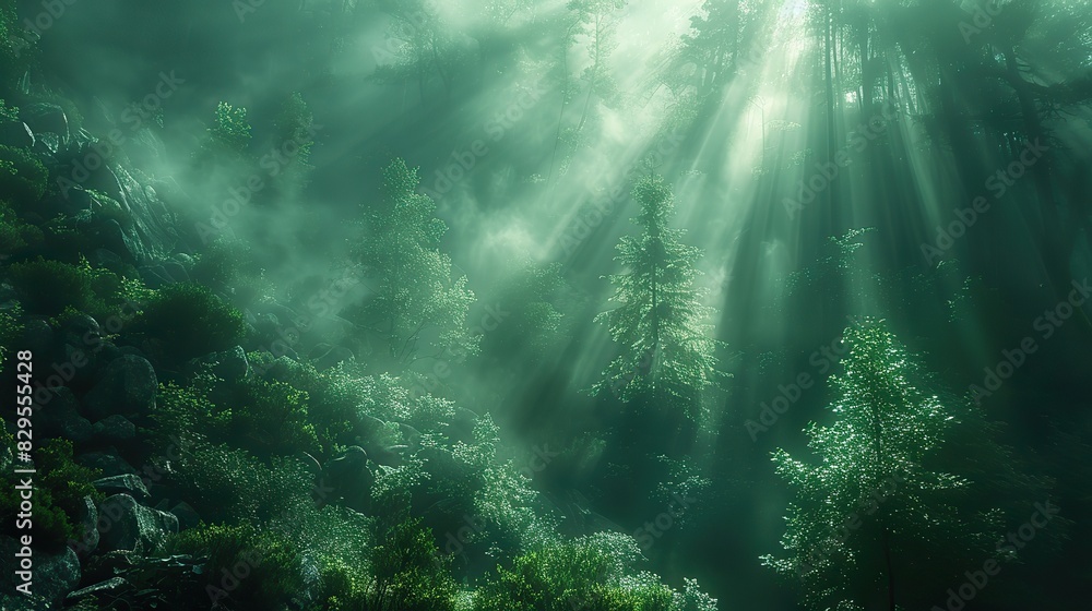 A divine light breaking through a dark forest.