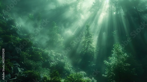 A divine light breaking through a dark forest.