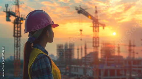 Female engineer wearing protective equipment Supervising the construction site during sunset