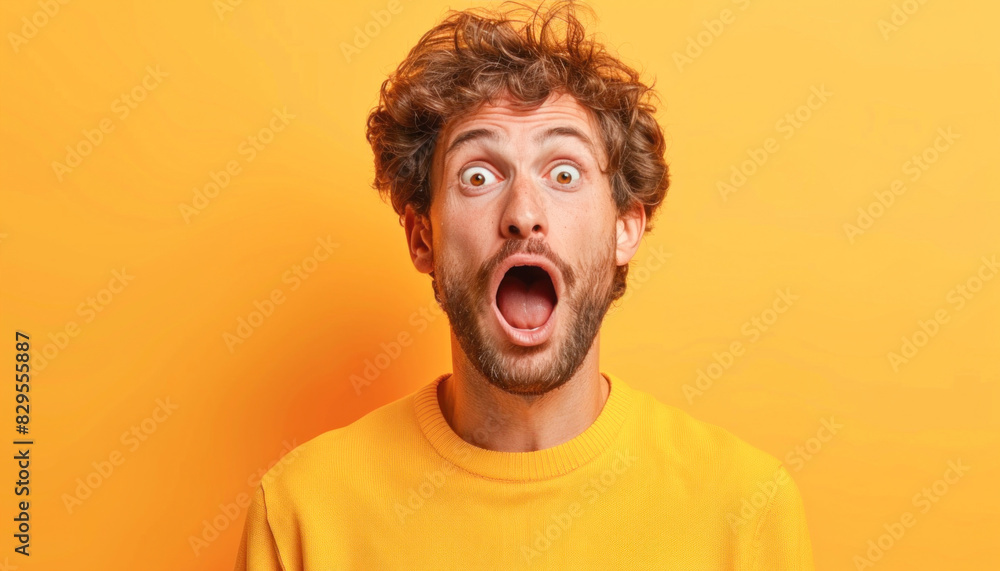 A man with his mouth wide open expresses surprise on a yellow background A man with his mouth wide open expresses surprise on a yellow background