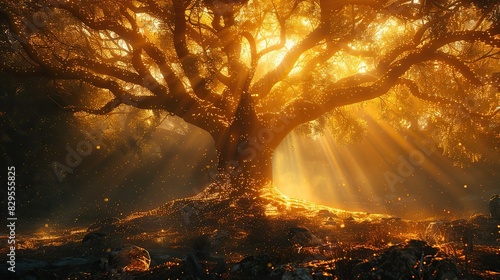 A sacred tree bathed in golden light.