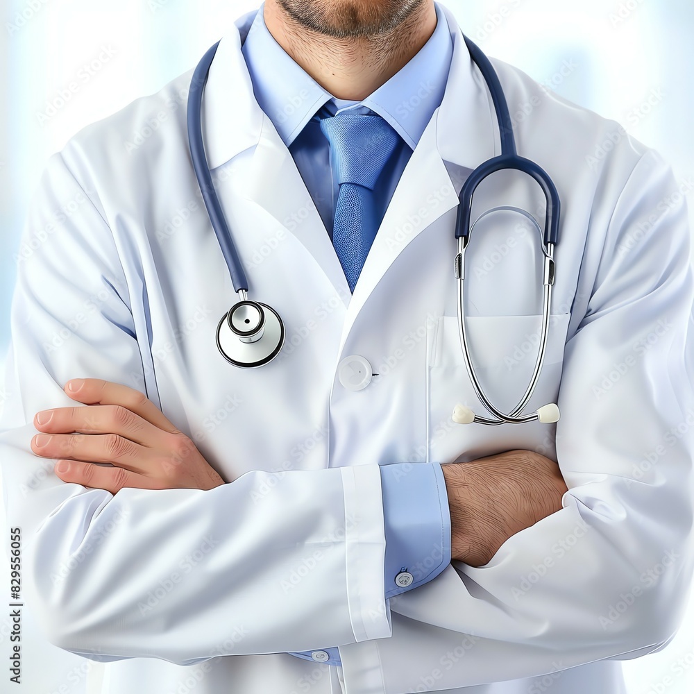 Doctor in uniform holding stethoscope and crossed arms. Hospital or clinic background and copy space Doctor in uniform holding stethoscope and crossed arms. Hospital or clinic background and copy space