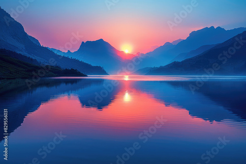 Twilight colors reflect perfectly on a calm mountain lake, creating a serene scene