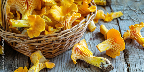 chanterelle mushrooms lying in a wicker basket on a rustic table. AI generative.
