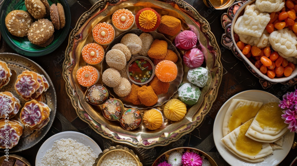 A festive spread of Indian sweets like jalebi, gulab jamun, and ladoo, arranged on a decorative plate.