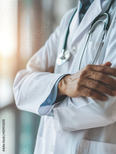 Doctor in uniform holding stethoscope and crossed arms. Hospital or clinic background and copy space
