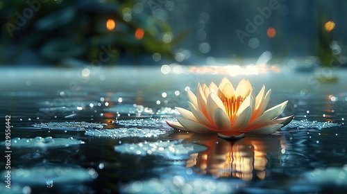 A glowing lotus flower in a peaceful pond.