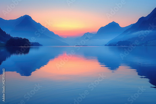 Twilight colors reflect perfectly on a calm mountain lake, creating a serene scene © Venka