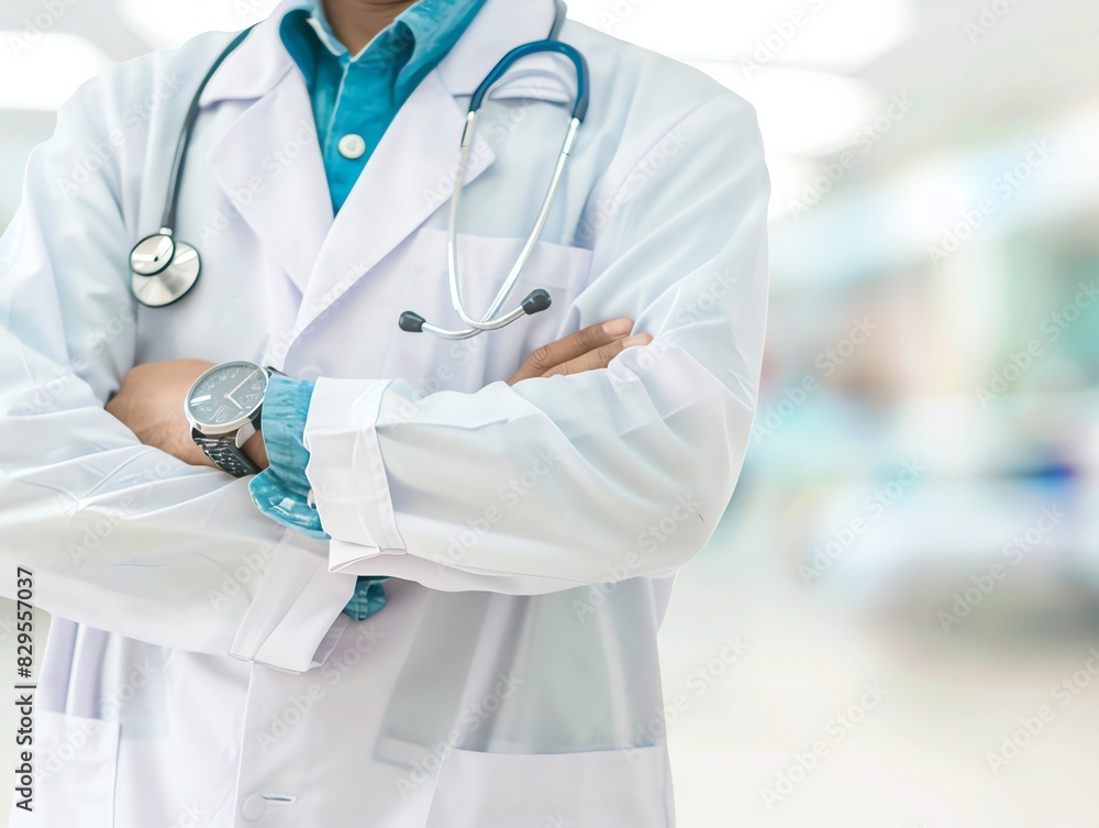 Doctor in uniform holding stethoscope and crossed arms. Hospital or clinic background and copy space Doctor in uniform holding stethoscope and crossed arms. Hospital or clinic background and copy space