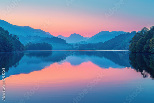 Twilight colors reflect perfectly on a calm mountain lake, creating a serene scene